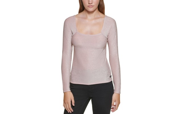  Womens Square-Neck Shimmer Top, Enchant/Silver, Small