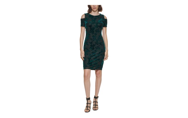 Womens Velvet Cold-Shoulder Sheath Dress, Malachite, 6