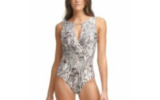  Women’s White Snake Print Tummy Control High Neck One Piece Swimsuit