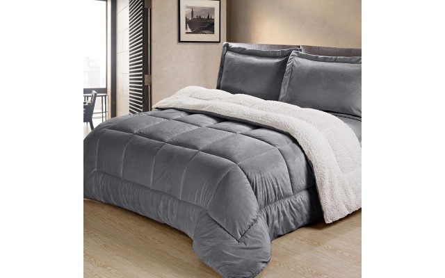  Ultra-Plush Sherpa Comforter & Shams, Pewter, King (102″ x 90″)