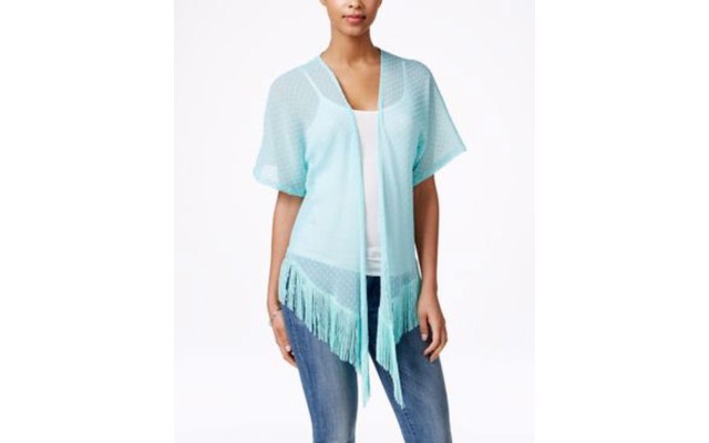  Solid Swiss Dot Fringe Cover Up, Aqua