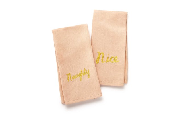  Embroidered Naughty and Nice 2 Piece Dish Towel Set, 15.5 X 25.5 Inches, Tan