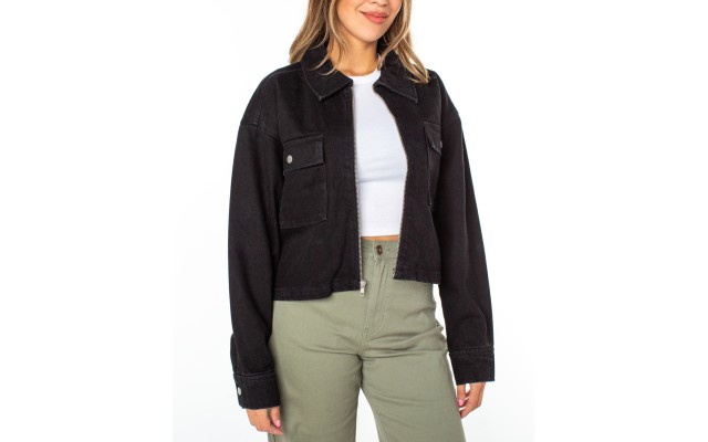  Juniors’ Collared Denim Shacket, Black, Large
