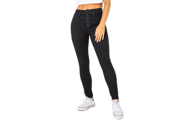  Juniors’ High-Rise Button-Fly Curvy Skinny Jeans – Black Wash, 11