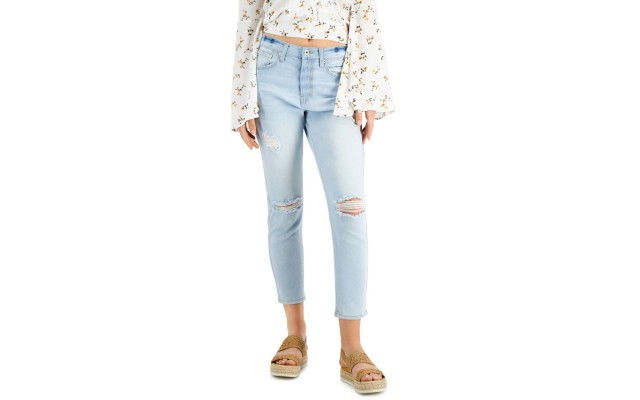  Juniors’ Ripped Mom Jeans, Light Blue, 11