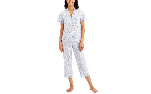  Notched Collar Top & Capris Pajama Sets, Light Blue, X-Small