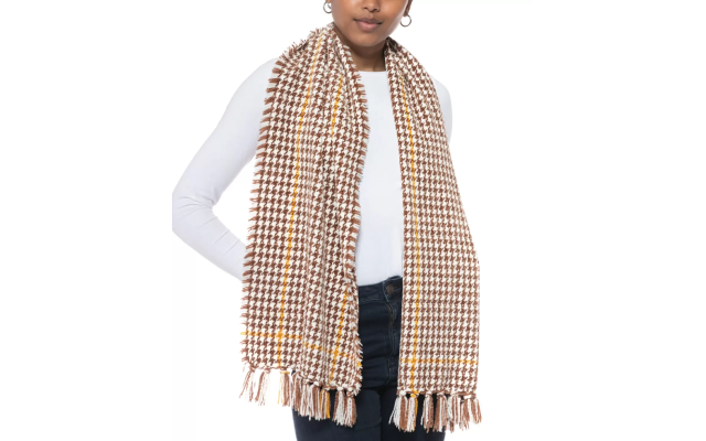  Patterned Wrap Scarf, Beige/Brown, 64” x 13”