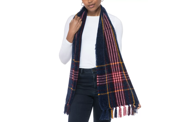  Patterned Wrap Scarf, Blue/Red, 64″ x 13″