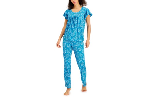  Printed Pleated-Front Pajama Sets, Navy, Small