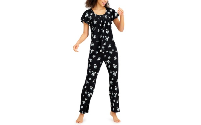  Printed Pleated-Front Pajama Sets, Black, Small