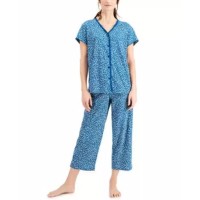 Charter Club Short Sleeve Top and Cropped Pant Cotton Pajama Sets, Navy, X-Small