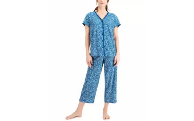  Short Sleeve Top and Cropped Pant Cotton Pajama Sets, Navy, X-Small