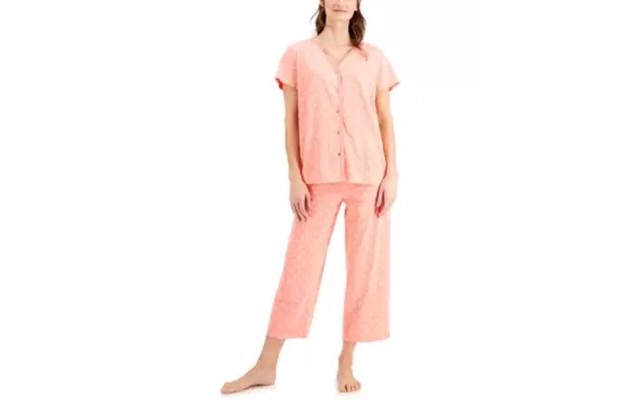 Short Sleeve Top and Cropped Pant Cotton Pajama Sets, Pink, X-Small