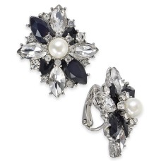Charter Club Silver-Tone Crystal, Stone & Imitation Pearl Cluster Clip-On Stud Earring, Black