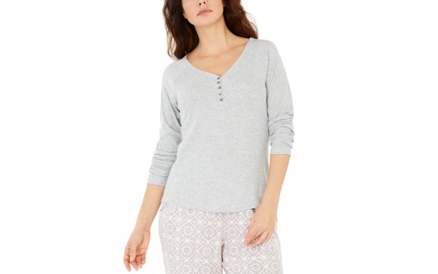  Women’s Ribbed Pajama Top, Gray, X-Large