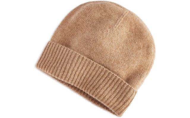  Womens 100% Cashmere Cuffed Beanie, Camel