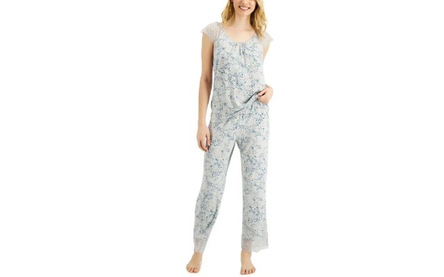  Womens Cotton Lace-Trim Pajama Set, Gray, Large