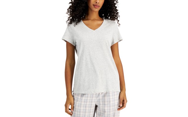  Womens Everyday Cotton V-Neck Pajama T-Shirt, Gray, Small