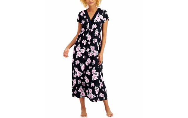  Womens Floral-Print Surplice Long Nightgowns, Black, X-Small