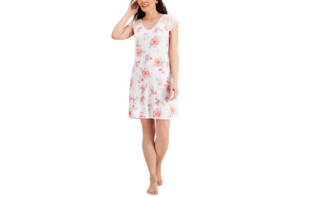  Women's Lace-Sleeve Chemise Nightgowns, White, Large