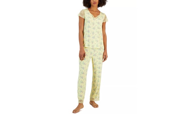  Women’s Lace-Trim Printed Pajama Set, Yellow, X-Small