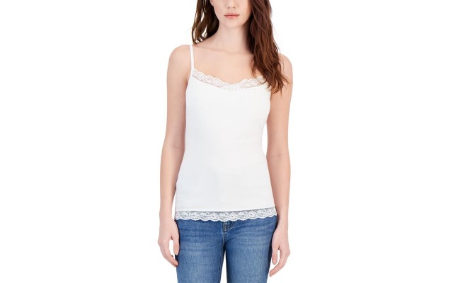  Women’s Lace-Trim Shelf-Bra Tank Top, Bright White, Large