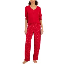 Charter Club Women’s Long Sleeve Soft Knit Pajama Set, Red, XXL