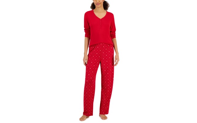  Women’s Long Sleeve Soft Knit Pajama Set, Red, XXL