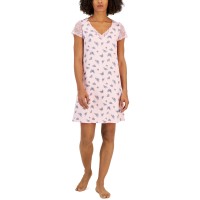 Charter Club Women’s Printed Lace-Sleeve Chemise, Pink, X-Small
