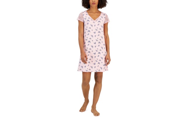  Women’s Printed Lace-Sleeve Chemise, Pink, X-Small