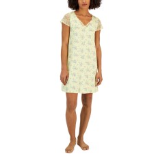 Charter Club Women’s Printed Lace-Sleeve Chemise, Yellow, Medium