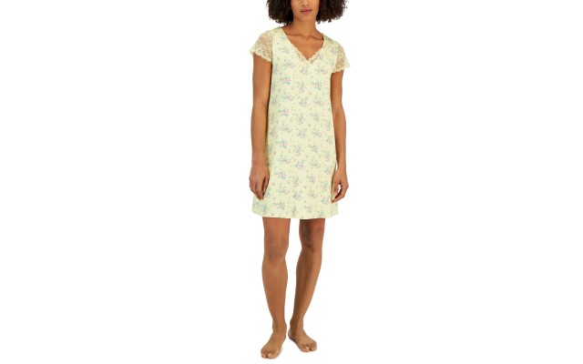  Women’s Printed Lace-Sleeve Chemise, Yellow, Medium