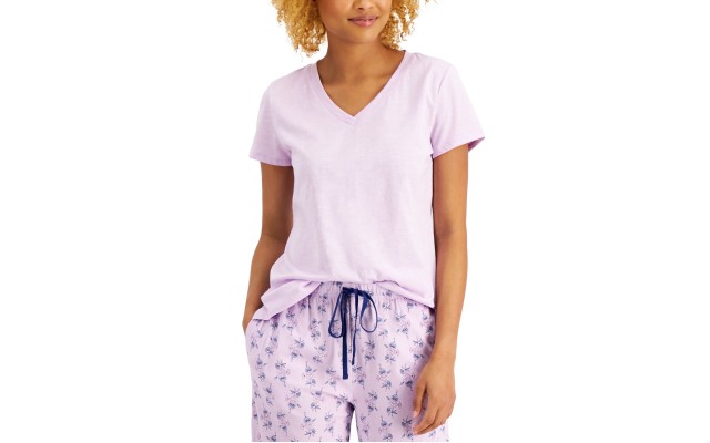  Womens Short Sleeve V-Neck Pajama Top (X-Small, Lilac Moon)