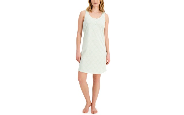  Women’s Tile Cotton Henley Tank Chemise Nightgown, Green, X-Small