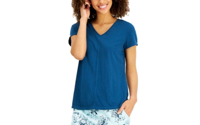  Womens V-neck Pajama Top, Teal, Small