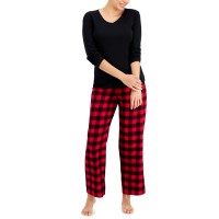 Charter Club Womens V-Neck T-Shirt & Flannel Pants Pajama Set, Red, Large