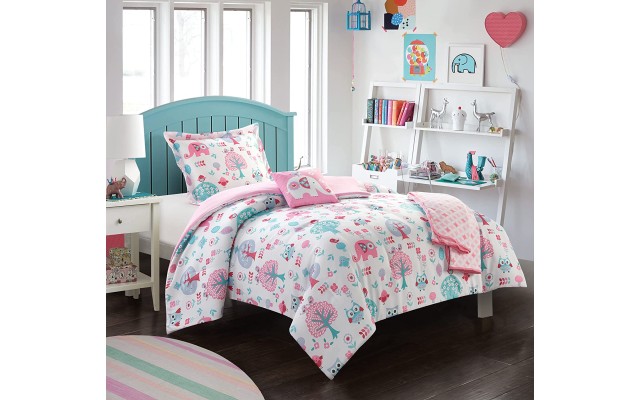  Elephant Garden 5 Piece Full Comforter Set, Pink