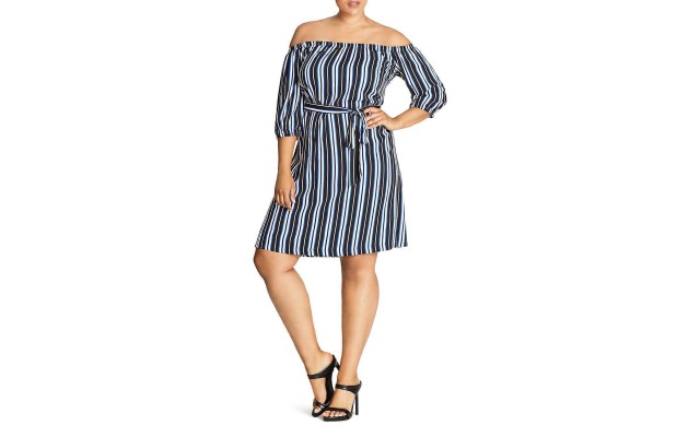  Women’s Plus Size Stripe Off-the-Shoulder Dress, Blue, 16W