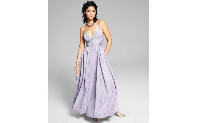 s Womens Juniors’ Appliqued Lace-Up-Back Gown, Light Purple/1