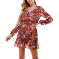 City Studios Womens Juniors’ Floral Fit & Flare Dress, Dark Orange/S