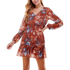 City Studios Womens Juniors’ Floral Fit & Flare Dress, Dark Orange/S