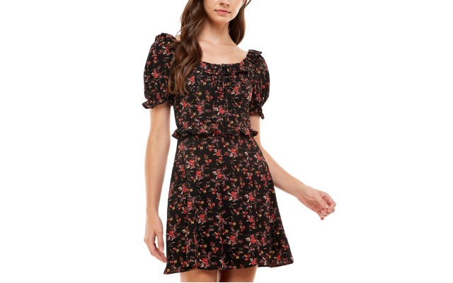 s Womens Juniors’ Floral-Print Back-Cutout Dress, Black/M