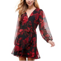 City Studios Womens Juniors’ Printed Fit & Flare Dress, Red/5