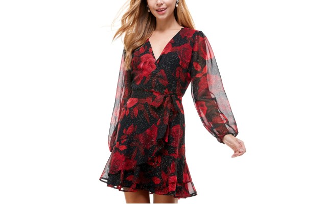 s Womens Juniors’ Printed Fit & Flare Dress, Red/5