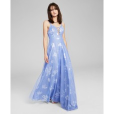 City Studios Womens Juniors’ Printed-Overlay Glitter Ball Gown, Light Blue/5