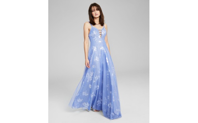 s Womens Juniors’ Printed-Overlay Glitter Ball Gown, Light Blue/5