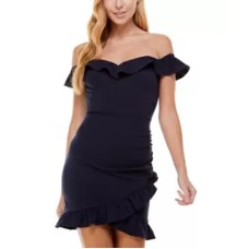 City Studios Womens Juniors’ Ruffled Off-The-Shoulder Dress, Navy/5