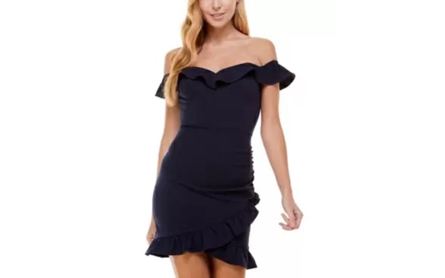 s Womens Juniors’ Ruffled Off-The-Shoulder Dress, Navy/5