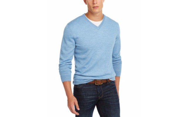  Men’s Solid V-Neck Merino Wool Blend Sweaters, Blue, XX-Large