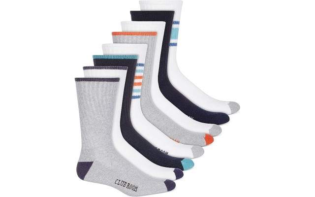  Mens 8 Pack Striped Crew Socks, Navy,  Shoe size 7-12